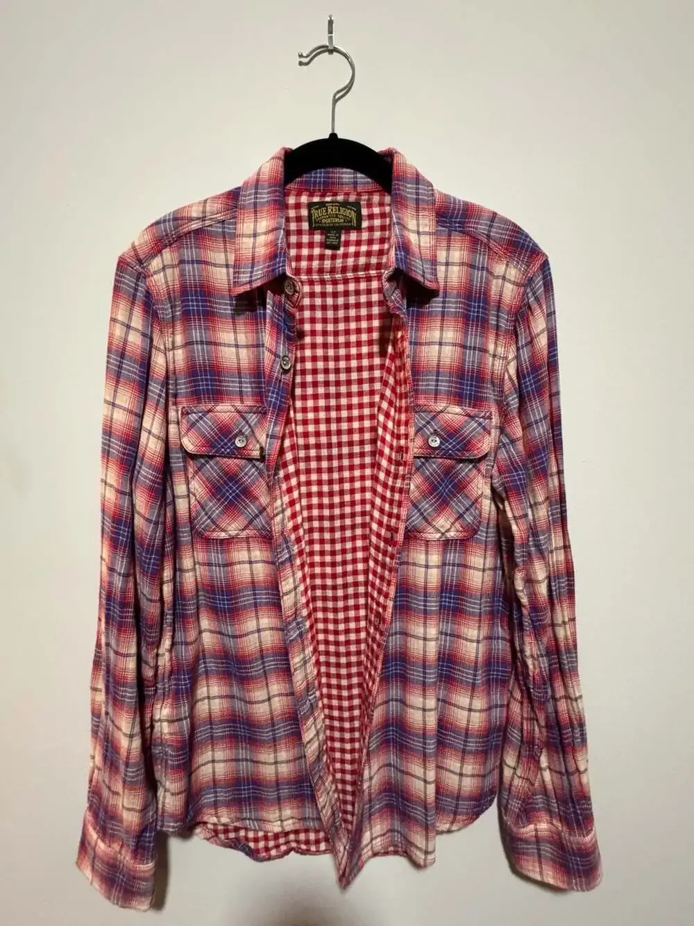 True Religion Plaid Button Up Shirt Men’s Small Red Blue Cotton